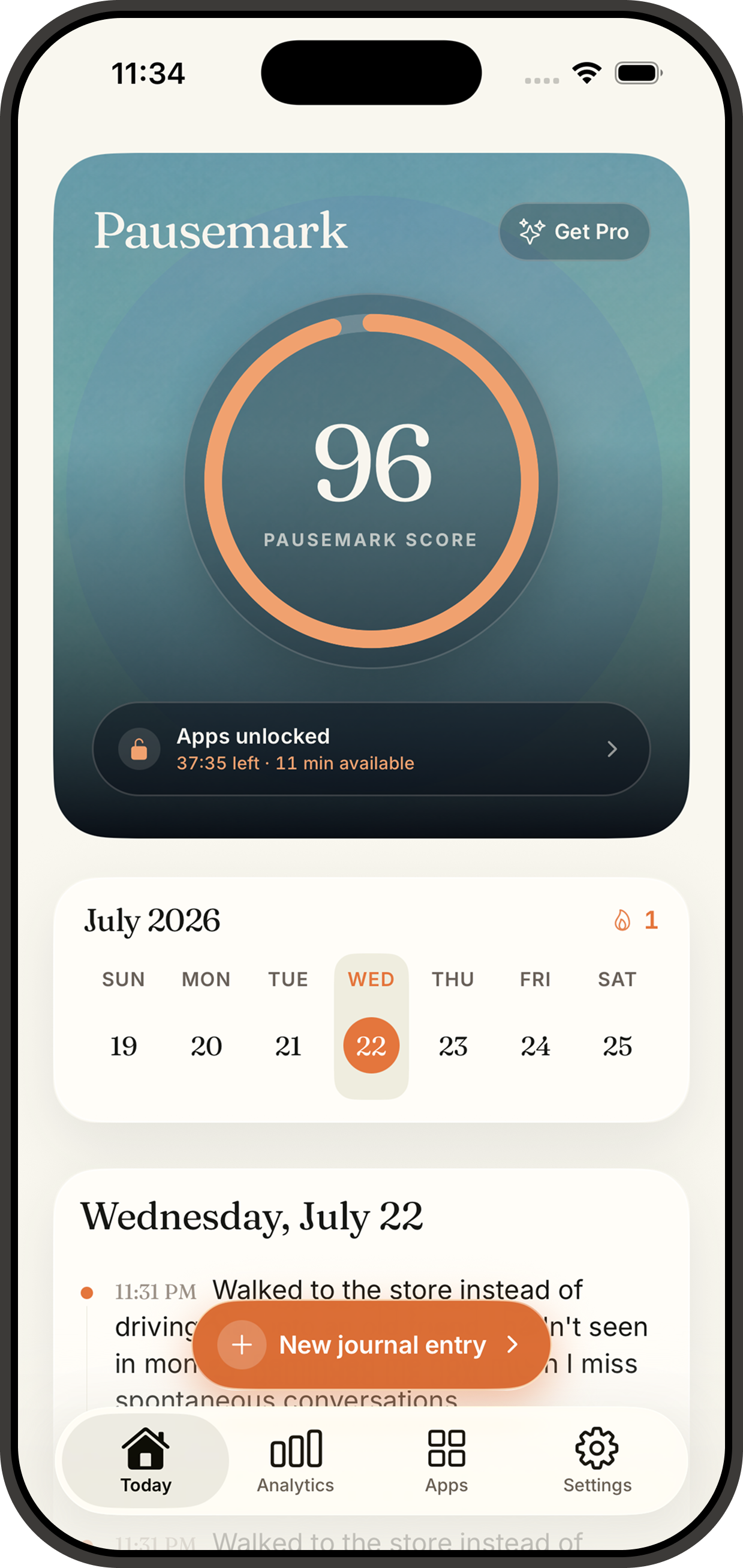Pausemark app showing a Pausemark Score of 96, apps unlocked with time remaining, and a Wednesday journal entry